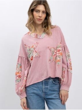 🦋BlueVelvet Large Floral Star Patch Pink Long-Sleeve Women's Top BV1005